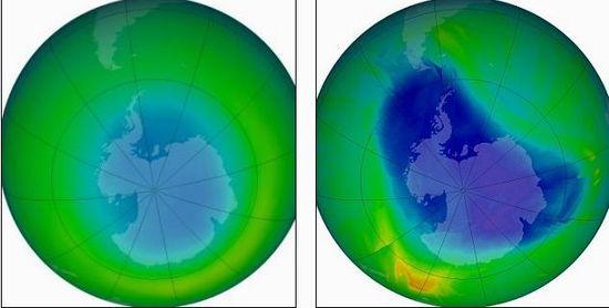 1980年9月(左)和2010年9月南极臭氧层空洞对比示意图,科学家称截至
