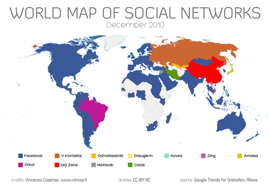 facebook领跑2010社交网络世界地图