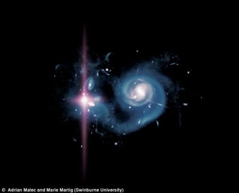 一幅高分辨率模拟图，展示了早期宇宙内一个拥有一颗高光度超新星的星系